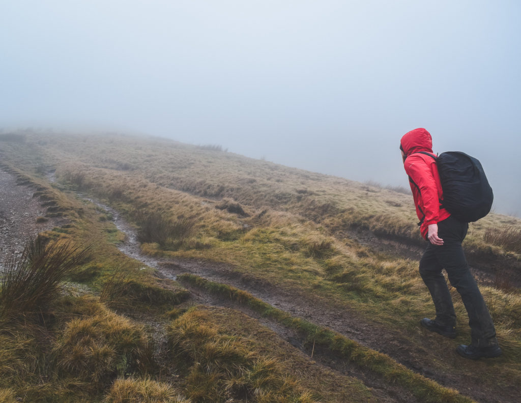 parlick fell walk in foggy conditions. forest of bowland.